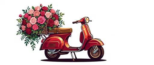 Vintage Red Scooter With Rose Bouquet Illustration