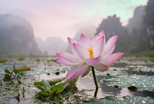 Dewy Pink Lotus in Misty Pond