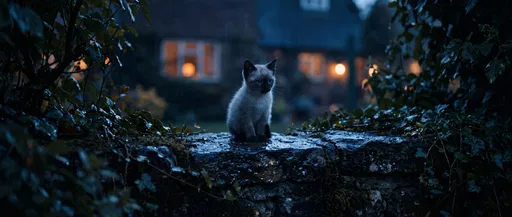 Siamese Kitten on Wet Stone Wall