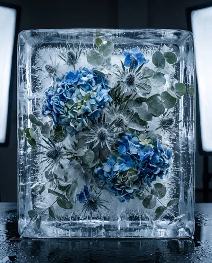 Blue Floral Arrangement Frozen in Ice Block