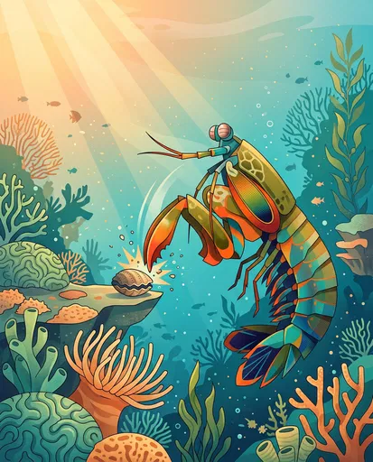 Mantis Shrimp Striking Clam on Coral Reef