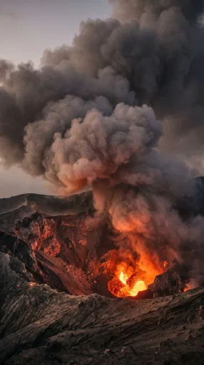 Active Volcanic Crater Erupting at Twilight