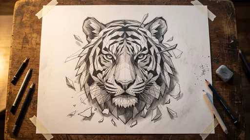 Geometric Tiger Graphite Drawing on Desk
