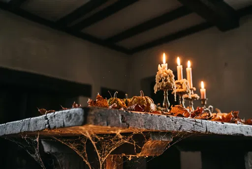 Spooky Autumn Table With Candles and Cobwebs