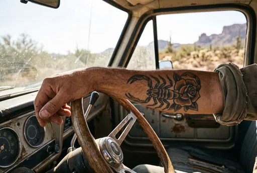 Tattooed Forearm on Vintage Steering Wheel