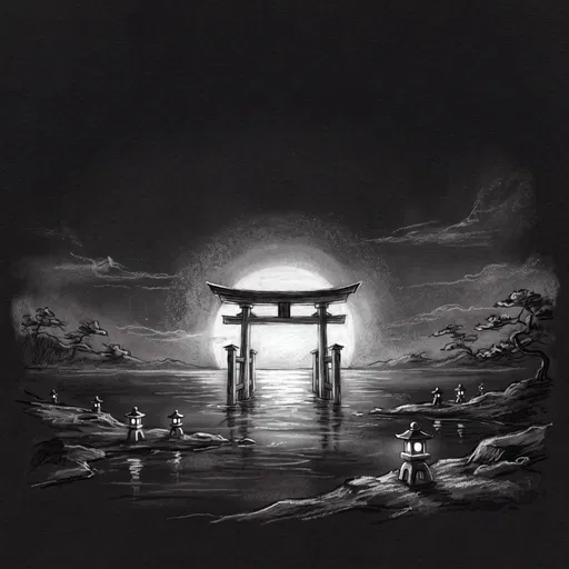 Chalk Drawing of Torii Gate at Sunset