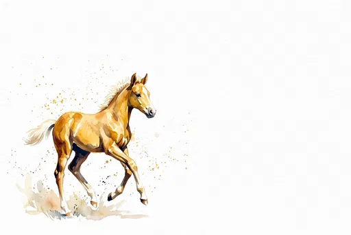 Watercolor Palomino Foal Prancing with Copy Space