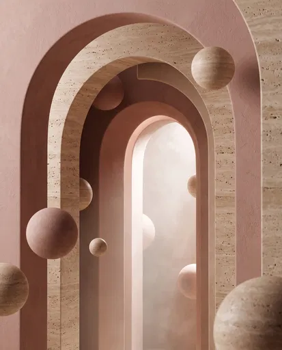 Abstract Pink and Travertine Arches with Spheres