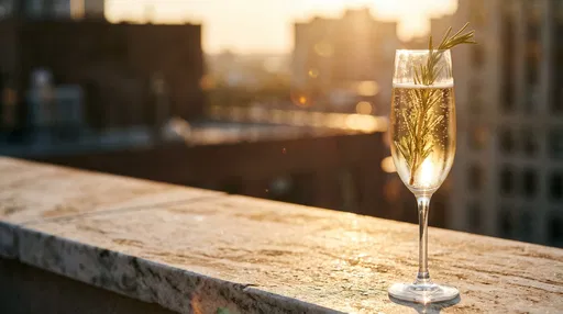 Champagne Flute with Rosemary at Rooftop Sunset