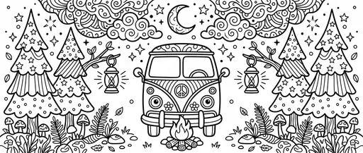 Retro Camper Van Night Coloring Page