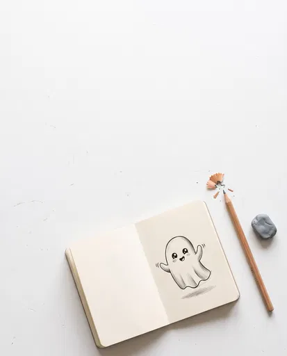 Cute Ghost Sketch in Open Notebook