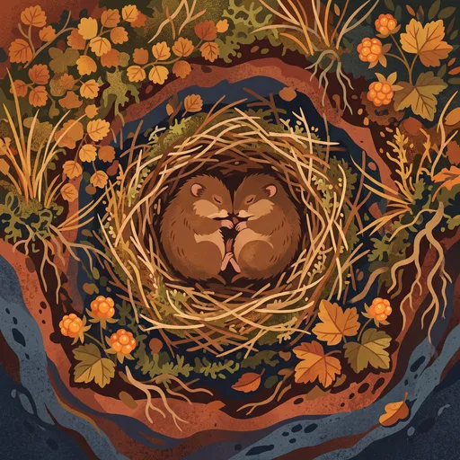 Two Sleeping Lemmings in Autumn Nest