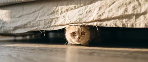 Cream Cat Hiding Under Sofa Skirt