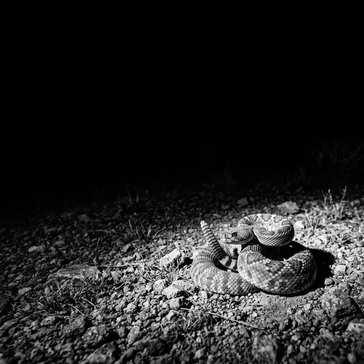 Monochrome Rattlesnake Coiled on Rocks at Night