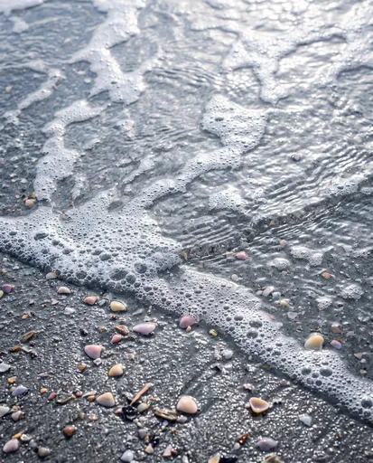 Seafoam and Pastel Shells on Wet Sand