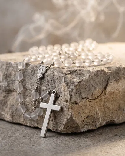 Frosted Glass Rosary on Weathered Stone