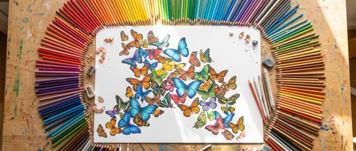 Colorful Butterfly Drawing Surrounded by Rainbow Pencils