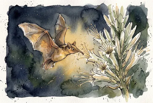 Watercolor Bat Pollinating Desert Agave Flower