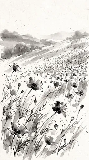 Monochrome Ink Poppy Meadow Illustration