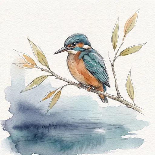 Watercolor Sketch of Perched Kingfisher