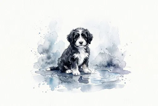Watercolor Bernedoodle Puppy Beside Rain Puddle