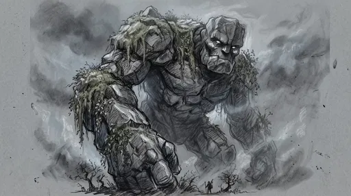 Charcoal Drawing of Colossal Stone Golem