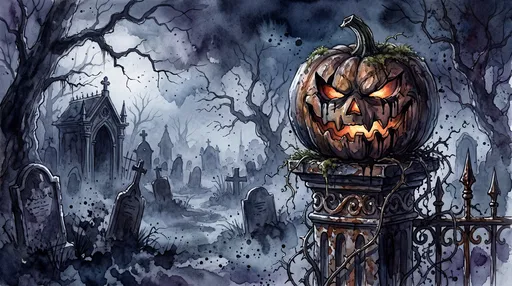 Sinister Watercolor Jack-O'-Lantern in Graveyard