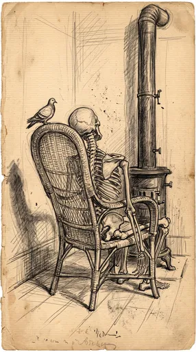 Pencil Study of Skeleton in Wicker Chair
