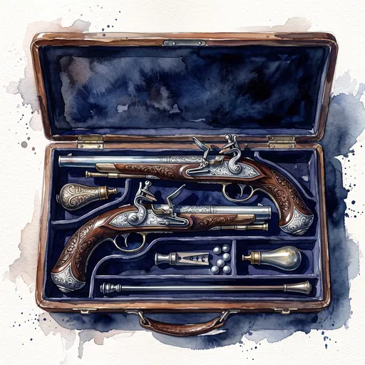 Watercolor Antique Flintlock Dueling Pistols in Case