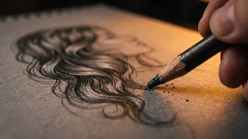 Macro Charcoal Pencil Sketching Wavy Hair