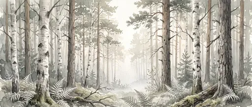 Misty Birch and Pine Forest Watercolor