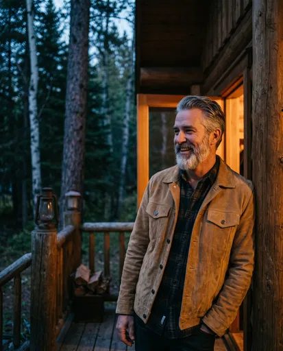 Smiling Mature Man on Cabin Porch