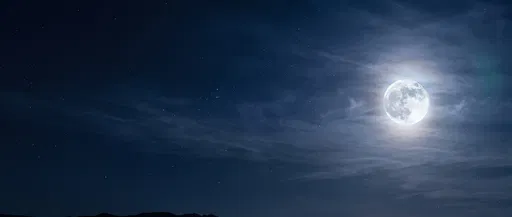 Full Moon Shining Through Wispy Night Clouds