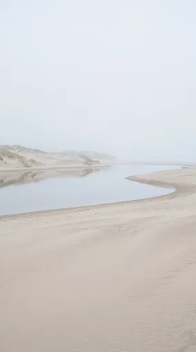 Misty Coastal Sand Dunes and Calm Lagoon