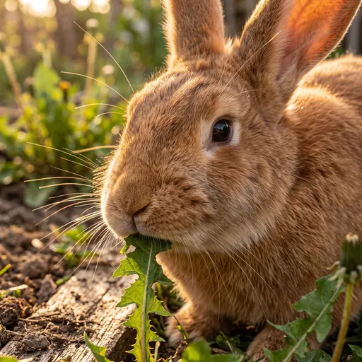Brown Rabbit Eating Dandelion Leaf