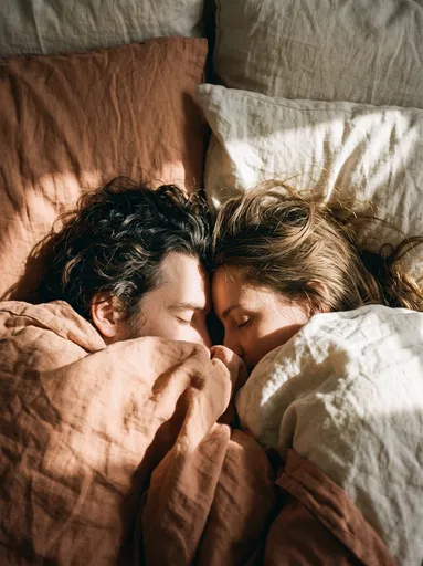 Couple Sleeping in Sunlit Linen Bed