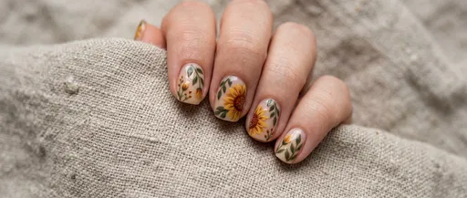 Hand-Painted Sunflower Nail Art on Linen