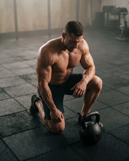 Muscular Man Kneeling Beside Kettlebell in Gym