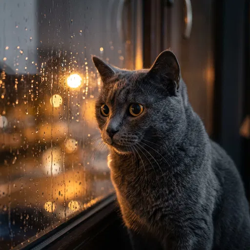 Grey Cat Looking Out Rainy Window