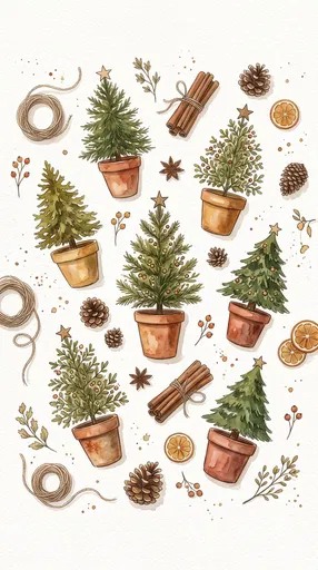Watercolor Potted Christmas Trees and Spices