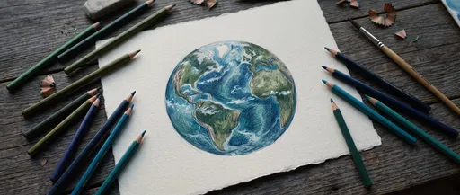 Colored Pencil Earth Drawing on Wooden Desk
