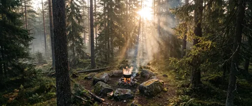 Steaming Cauldron Over Campfire in Misty Forest