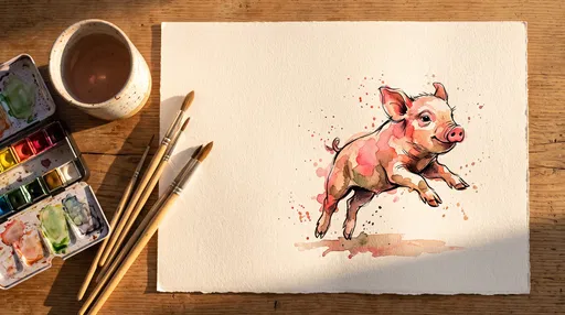 Watercolor Piglet Painting Flat Lay