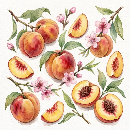 Watercolor Botanical Peach and Blossom Illustration