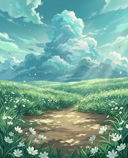 Anime Meadow Clearing Under Towering Clouds