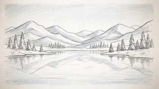 Simple Pencil Sketch of Mountain Lake