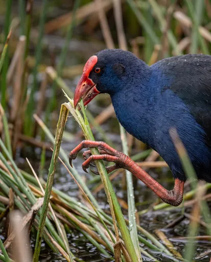 Pukeko Bird Feeding on Wetland Reed