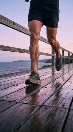 Athlete Running on Coastal Boardwalk at Dusk