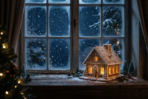 Glowing Gingerbread House on Snowy Windowsill