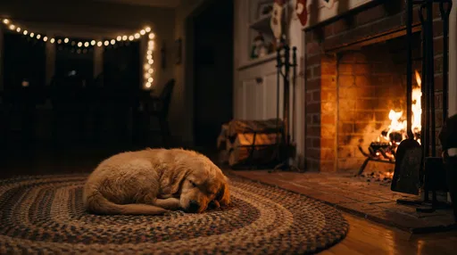 Golden Retriever Puppy Sleeping by Fireplace
